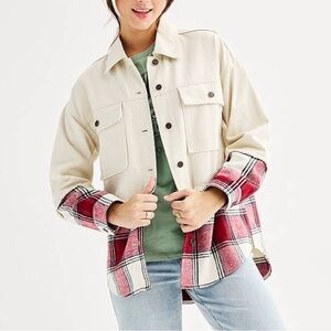 SO Women's Cream Utility Jacket with Red Plaid Accents